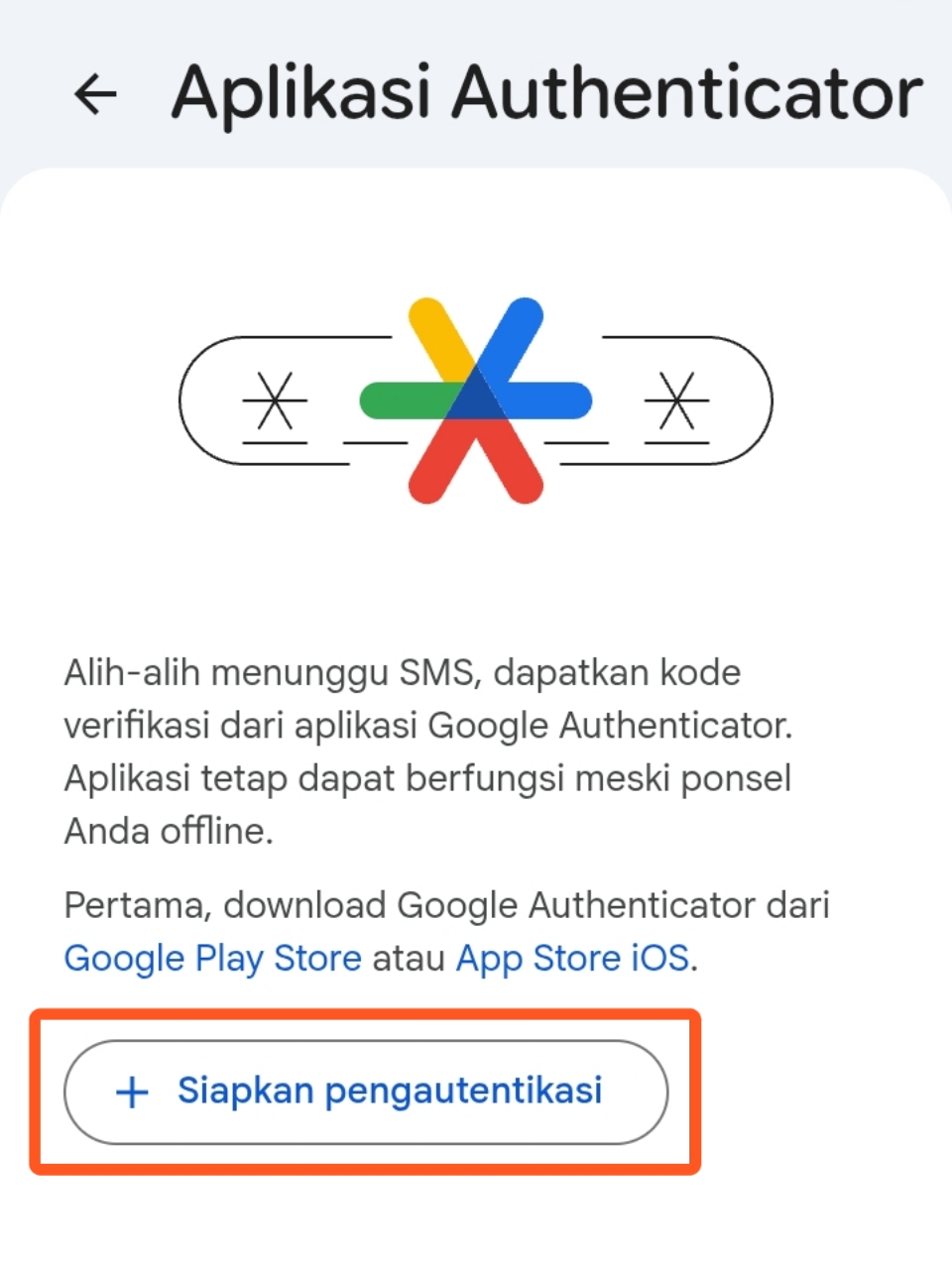 Klik Siapkan Pengautentikasi